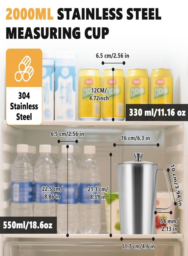 Consfly Stainless Steel Measuring Cup with Lid 2L 70 OZ, Large Mouth Graduated Beakers Metal Pitcher with Marking and Handle - Image 2